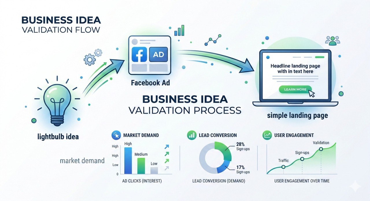 Flow from idea to Facebook ad to landing page with market demand chart